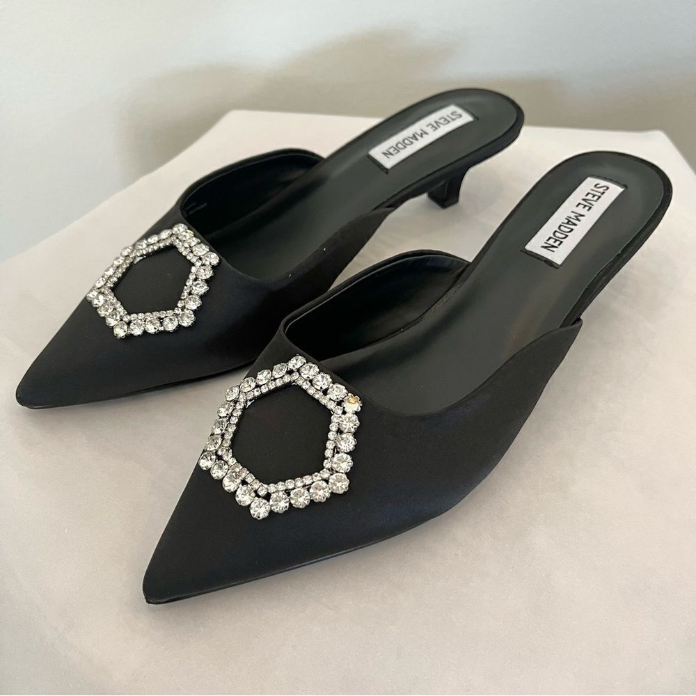 Steve Madden Black Satin Pointed Toe Mules with Crystal Buckle